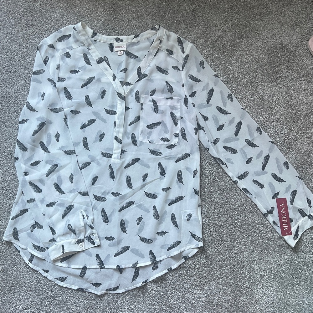 NWT! White Sheer Feather Print Blouse